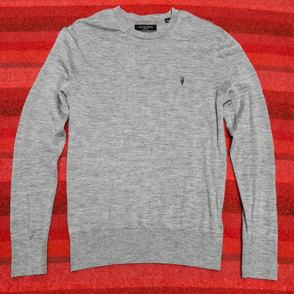 AllSaints 100% Merino Wool Crew Sweater Mens M Grey Ramskull Slim Fit Jumper